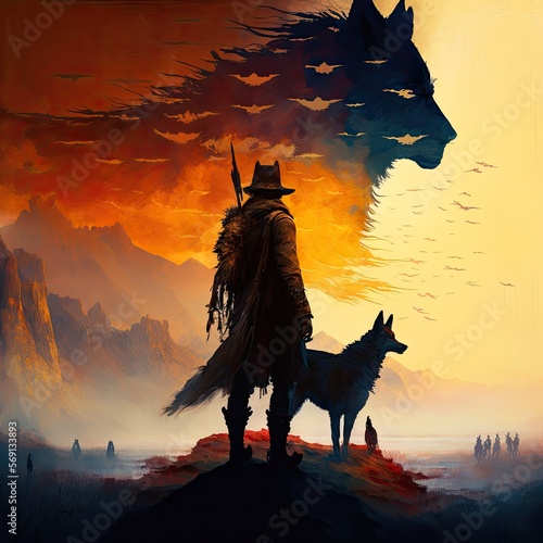 The Alpha Warrior  Silhouette with Pack of Wolves  Generative AI