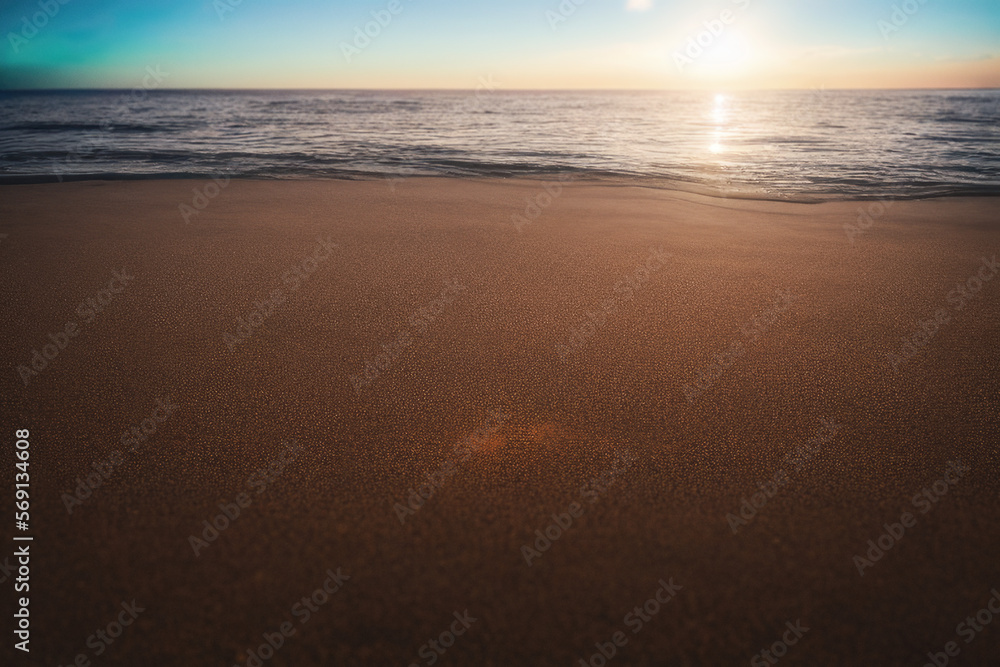 sunset on the beach with sun reflection in ocean, warm colors and harmony wellness