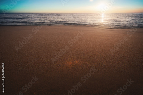 sunset on the beach with sun reflection in ocean, warm colors and harmony wellness