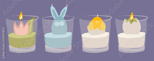 A set of Easter candles with colored elements inside a glass cup. A chicken, a flower, a hare, an egg made of candle wax in a transparent glass. easter candles. Use for banner flyers Illustration flat