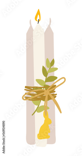 Decorative Easter candle with fire and decor for table decoration. A bunch of simple white candles with a tourniquet and a branch. Vector illustration for postcards, banners on a white background