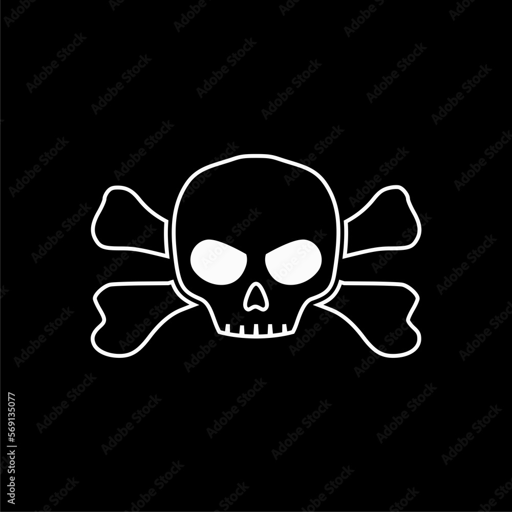 Death skull head, bones danger symbol. Horror, toxic poison, pirate icon isolated on black background.   