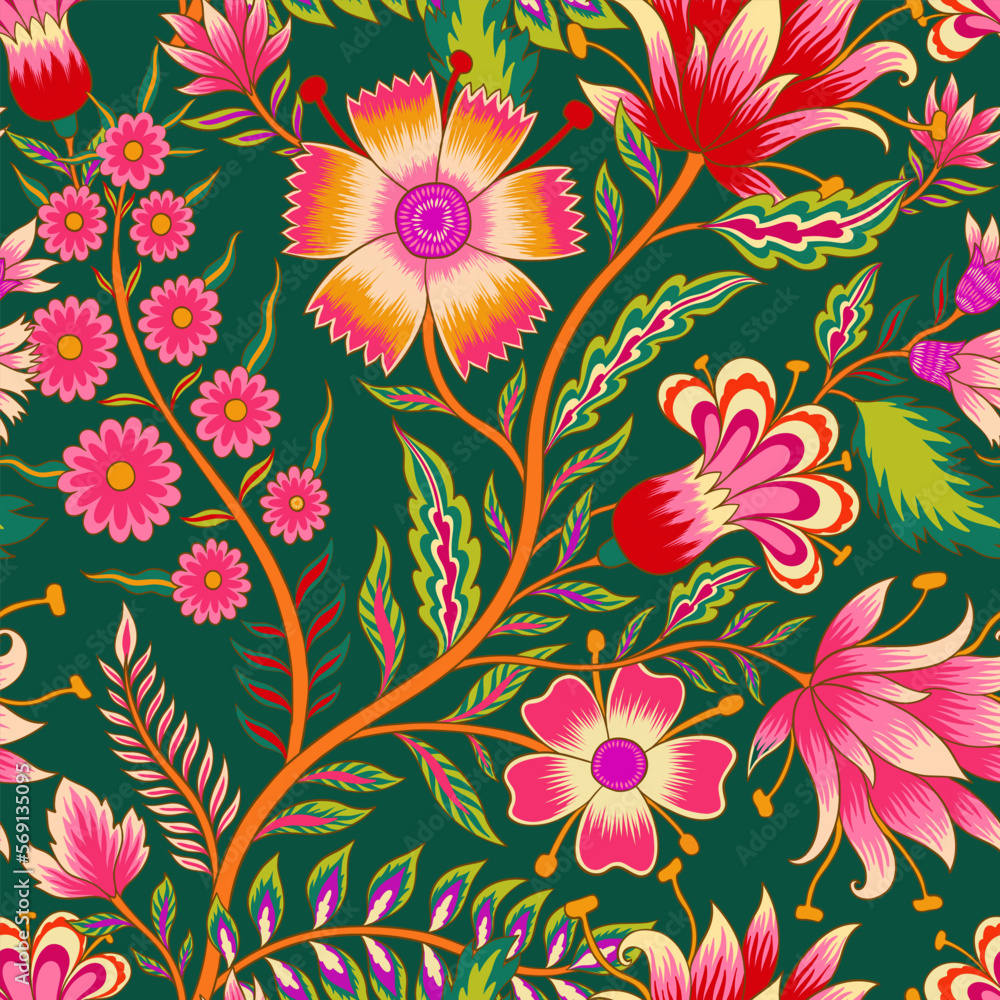 Beautiful floral romantic seamless pattern in Jacobean style.The ornament is also inspired by Mughal art.The design depicts a bunch of fantasy flowers a textile Indian style.