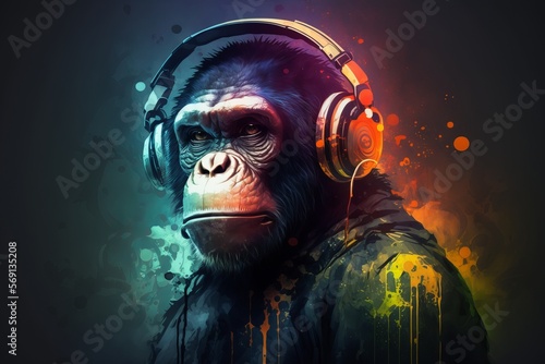 Slika na platnu chimpanzee dj with headphones  RGB  4k | Created With Generative AI