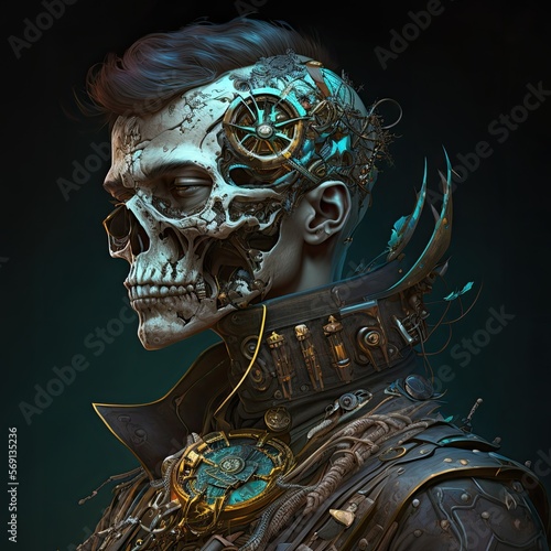 Digital Steampunk: Skull Face Portrait, Generative AI