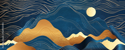 Night Moon and Mountains, abstract horizontal background design. Natural hills of gold and blue, in the collage technique. Prestigious art is suitable for print on the wall, invitation,mural.