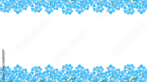 勿忘草（ワスレナグサ）の花畑の背景フレーム。フラットなベクターイラスト。