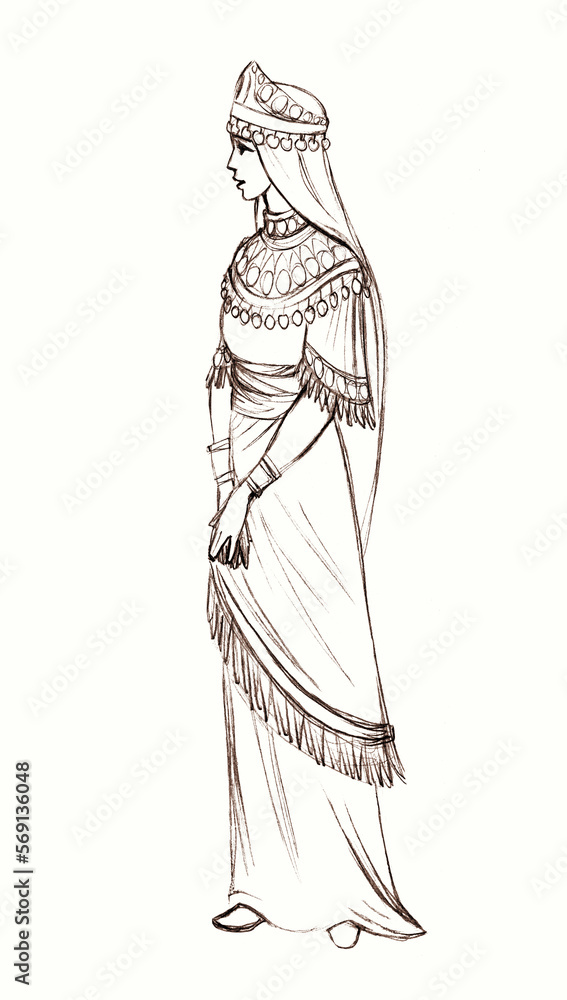 Pencil Drawing Oriental Queen in Elegant Clothes Stock Illustration   Illustration of drawing female 263763451
