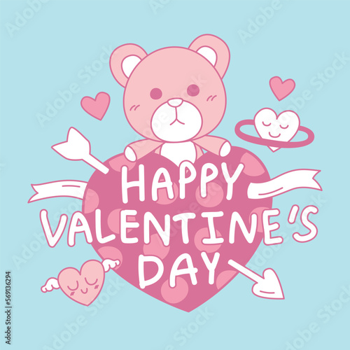 Wallpaper Mural Happy Valentine's Day with hand drawing styles. Banner Doodle of Valentine's Day. Pink bear hug big heart with heart around. Torontodigital.ca