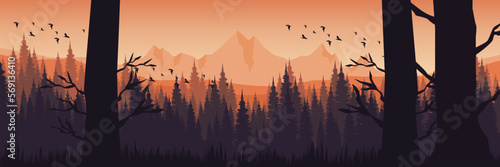 mountain landscape with tree silhouette flat design vector banner template good for web banner, ads banner, tourism banner, wallpaper, background template, and adventure design backdrop