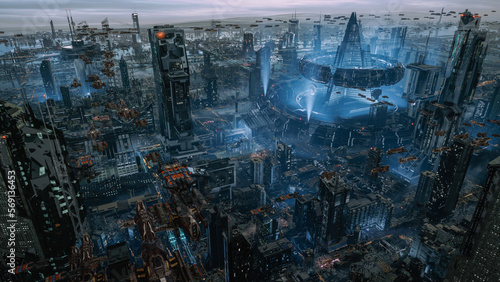 3D Rendering. Large future mega city with many tall buildings and flying vehicles at night. Top aerial view. Concept of next generation technology, fin tech, big data, 5g fast network, night life.