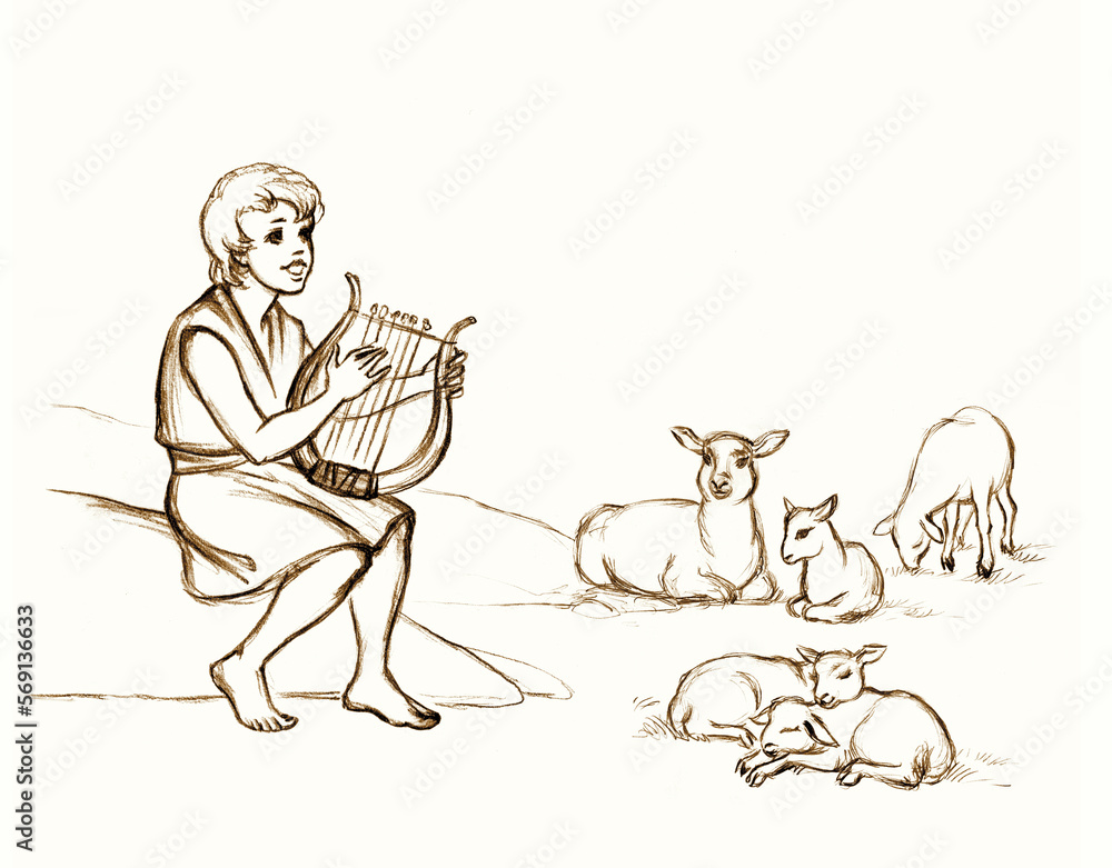 Fototapeta premium Shepherd with a sheeps on the field