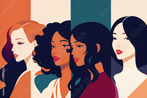 Illustration of a beautiful women, different race standing together. Woman's day postcard template. Generative Ai