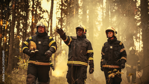 Portrait of a Diverse Group of Brave Wildfire Hotshots Walking in a Smoke-Filled Forest, Strategizing on Unsmarting the Terrifying Natural Force of a Raging Wildland Fire Deep in the Woods.