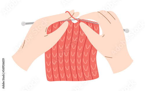 Hands knitting a product with knitting needles. Vector illustration of cozy crafting hobby. Wool warm clothes.