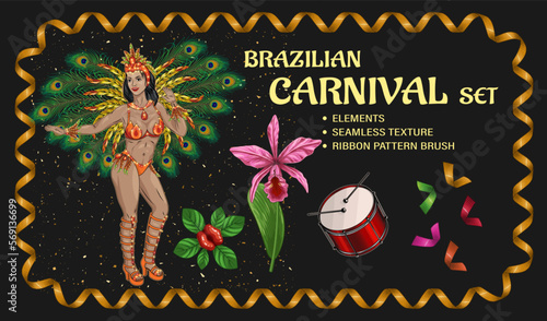 Set of design elements for carnival decoration with latino girl dancing samba, drum, tropic flowers, confetti, pattern brush with spiral ribbons, seamless texture with golden particles. Clip art.