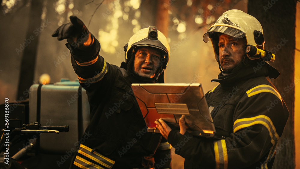 Portrait of Two Professional Firefighters Standing Next to an All ...