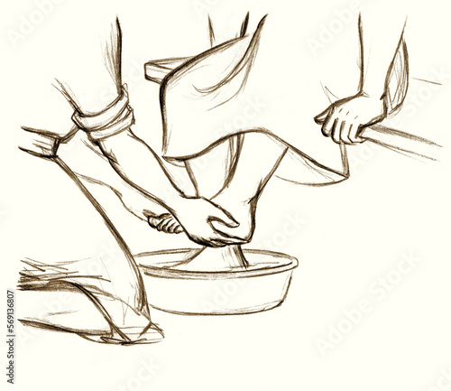 Obraz na plátně Christ washes Peter's feet. Pencil drawing