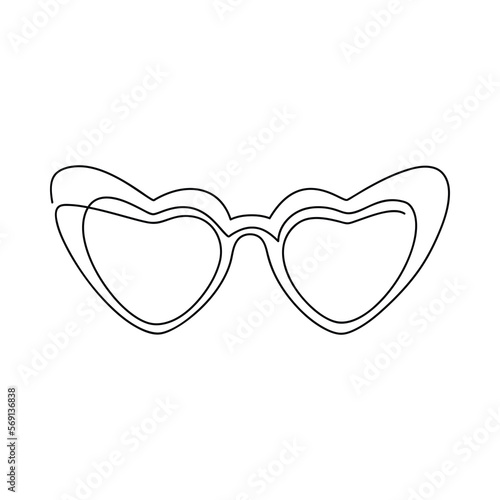 Heart shape sunglasses vector one line continuous drawing illustration. Hand drawn linear silhouette icon. Minimal design element for print, banner, card, wall art poster, brochure.
