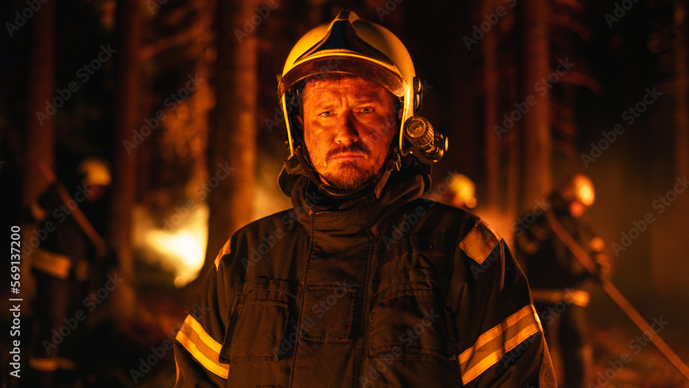 Portrait of a Confident Serious Caucasian Firefighter in Professional Protective Uniform and Helmet Looking at Camera and Posing. Fireman Standing in a Forest During a Wildfire.