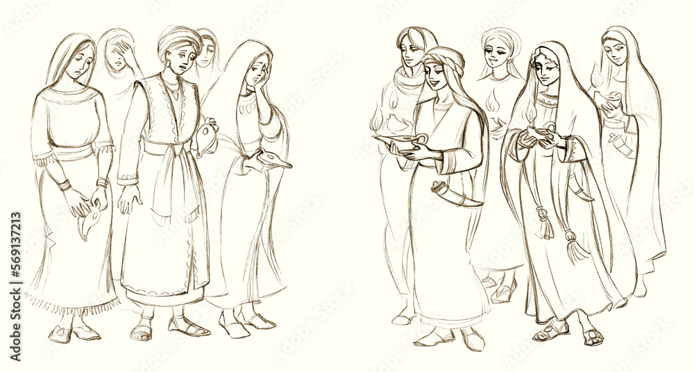 Five wise and five foolish virgins. Pencil drawing Five wise and five foolish virgins. Pencil drawing
