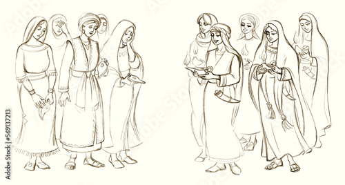 Five wise and five foolish virgins. Pencil drawing