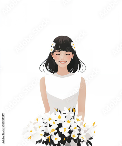 Illustration of a beautiful woman with flowers. Woman s day postcard template. Generative Ai