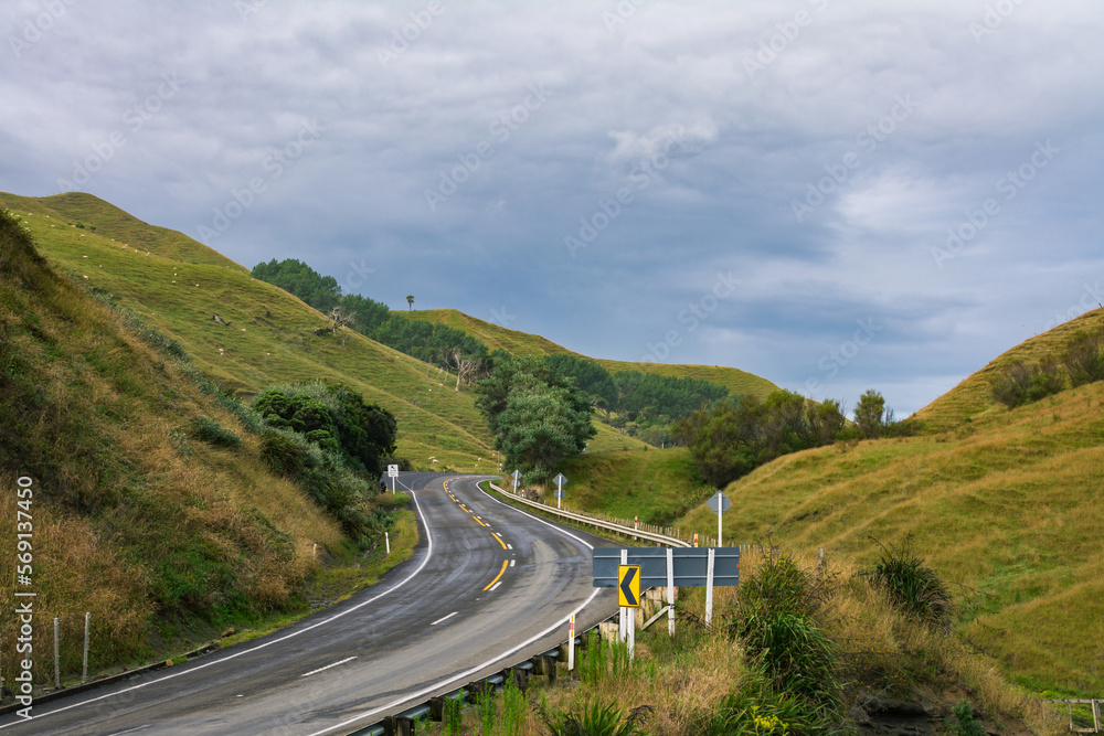 Narrow monutain road winding through green hills. Pacific Coast Highway, Gisborne, North Island, New Zealand