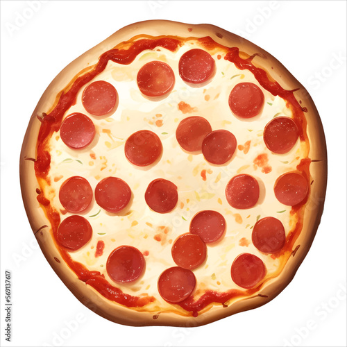 Pepperoni Cheese Pizza Top View Isolated Detailed Hand Drawn Painting Illustration