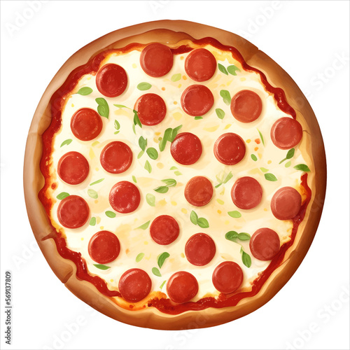 Pepperoni Cheese Pizza Top View Isolated Detailed Hand Drawn Painting Illustration
