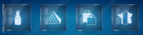 Set Lipstick, Louvre glass pyramid, Paper shopping bag and Map of France. Square glass panels. Vector