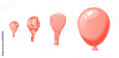 Cartoon inflatable balloon of various shapes and colors. Empty rubber blowing process. Latext uninflated element. Vector illustration on white background