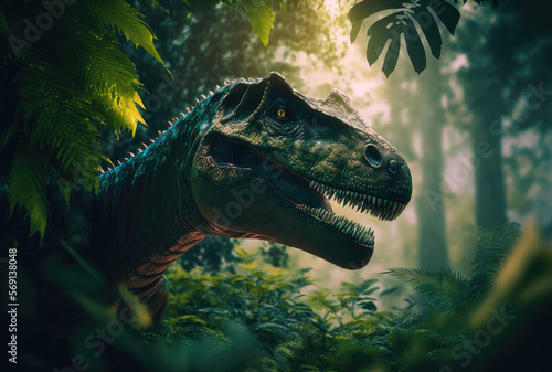 Tyrannosaurus rex in jungle, head of predatory dinosaur among large green leaves. Generative AI