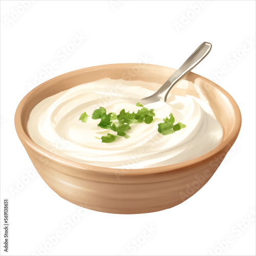 Sour Cream with Garnish in Bowl Isolated Detailed Hand Drawn Painting Illustration