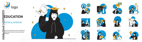 Education concept with character situations collection. Bundle of scenes people school education, science study, online course and training, graduation diploma. Vector illustrations in flat web design