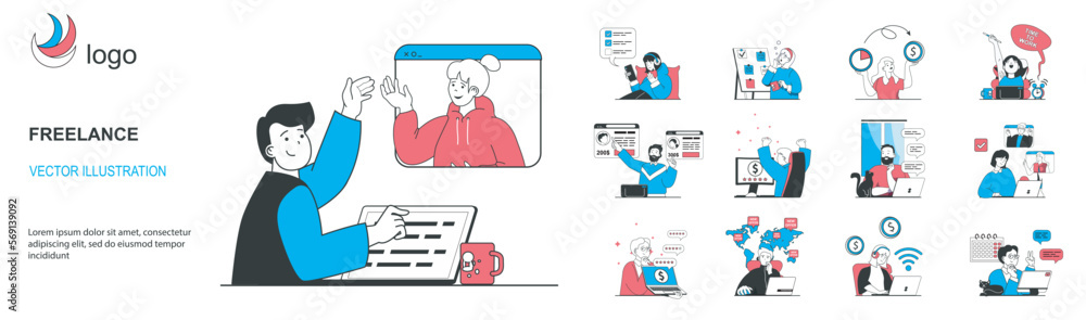 Freelance concept with character situations collection. Bundle of scenes people working online, freelancers do tasks, discussing in video chats, earning profit. Vector illustrations in flat web design