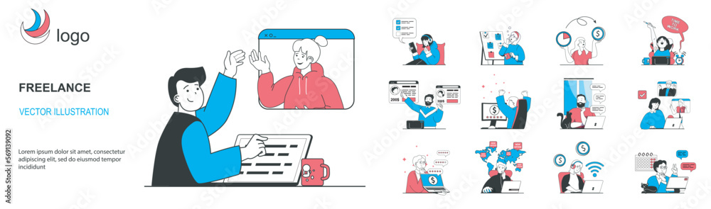 Freelance concept with character situations collection. Bundle of scenes people working online, freelancers do tasks, discussing in video chats, earning profit. Vector illustrations in flat web design Freelance concept with character situations collection. Bundle of scenes people working online, freelancers do tasks, discussing in video chats, earning profit. Vector illustrations in flat web design