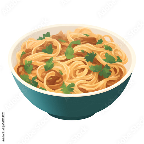 Noodle or Spaghetti Pasta in Bowl Isolated Detailed Hand Drawn Painting Illustration