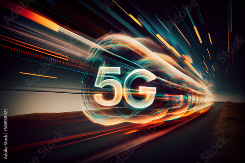 5g logo abstract dark background with empty space. Concept of 5g network communication technology. Generative AI. © arneaw