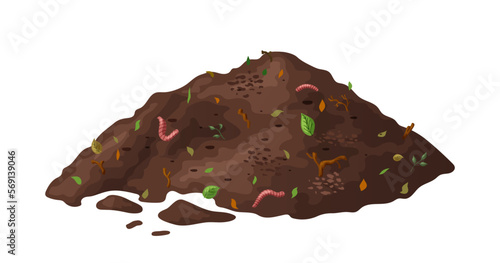 Organic soil heap for compost, garden recycling natural garbage. Earth worms and biodegradable trash. Vector illustration