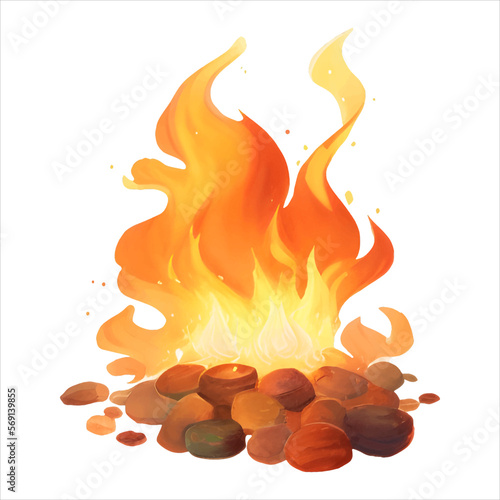 Fire camp or Bonfire Isolated Detailed Hand Drawn Painting Illustration