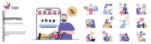 Shopping concept with character situations collection. Bundle of scenes people buy goods online, order and receive purchases, paying in mobile application. Vector illustrations in flat web design