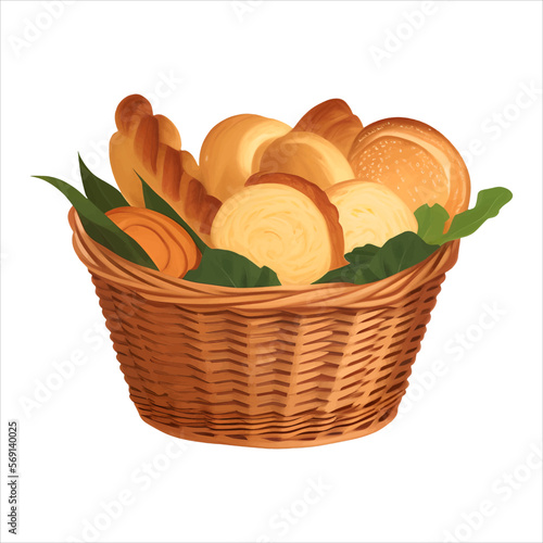 Bakery Breads in Wicker Basket Isolated Detailed Hand Drawn Painting Illustration