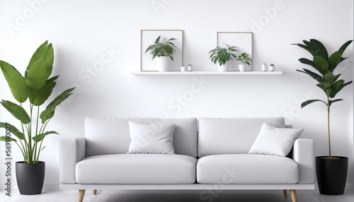 Modern interior living room. White room with white sofa  green plants in pots. Generative Ai