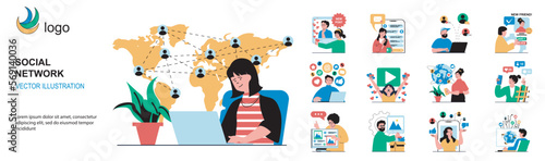 Social network concept with character situations collection. Bundle of scenes people communicate online, surf profiles of friends, like photos and posts, chats. Vector illustrations in flat web design