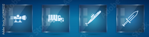 Set Sniper optical sight, Military truck, Submarine and Sword. Square glass panels. Vector
