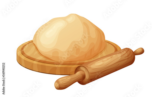 Fresh raw dough for bakind. Homemade tasty bread. Cartoon of wooden kitchen rolling pin. Vector illustration for menu, cafe, restaurant