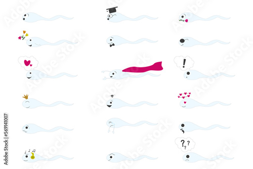 Spermatozoa in different roles. Comics. Cartoon from spermatozoa.