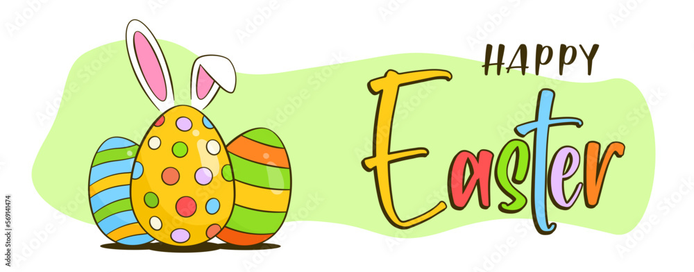 Happy Easter colorful lettering. Easter greeting banner. Colorful Easter eggs with bunny ears. Cartoon. Vector illustration	