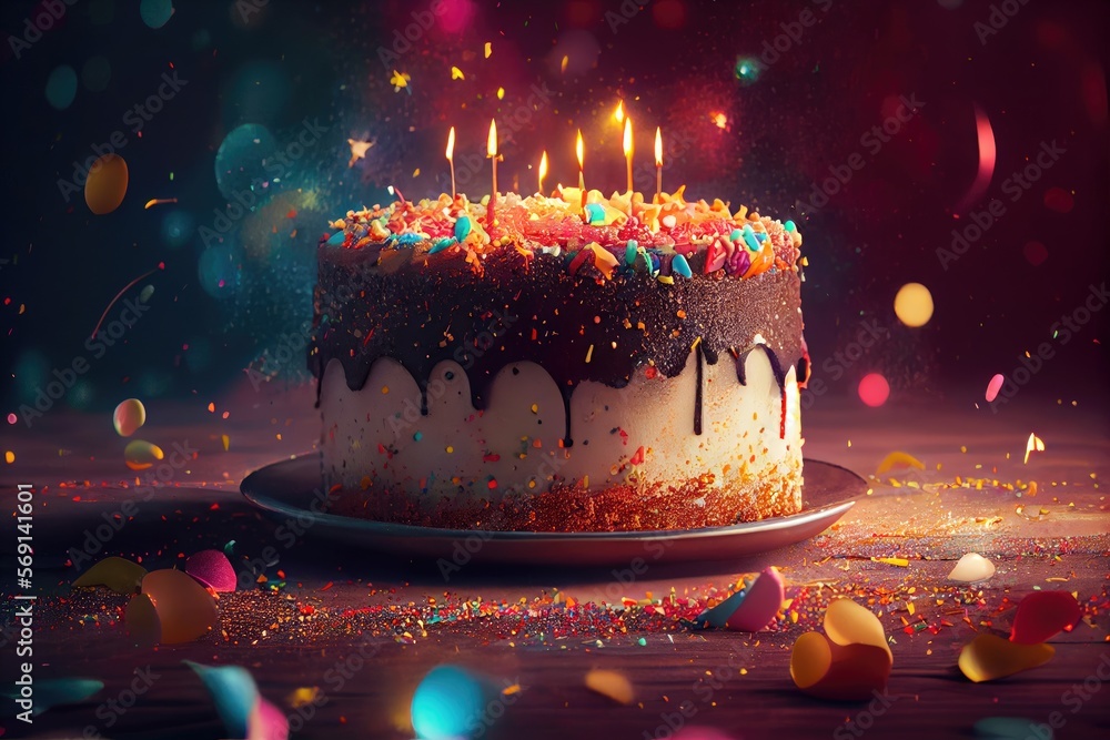 Colorful birthday cake topped with delicious icing with lit candles on ...